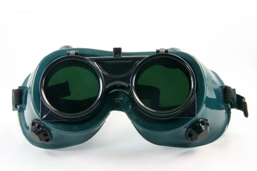 green plastic working protection mask in white background construction concepts