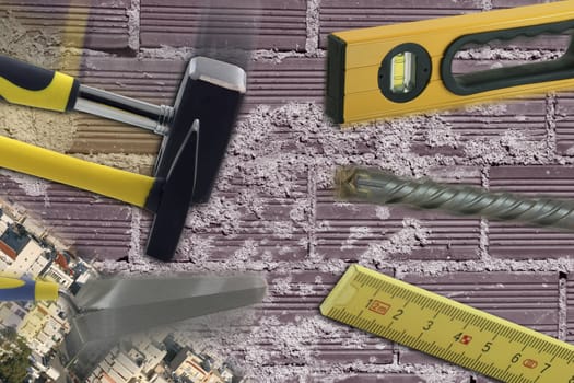cunstruction industry concept bricks and cement background and tools in action