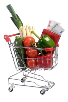 Shopping trolley with fresh vegetables and euro notes - isolated on white background