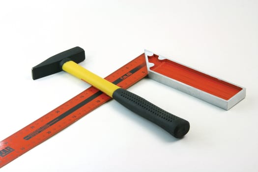 construction concepts carpenter tools  hammer, angle meter, on white background