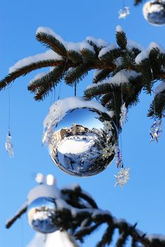 christmas ball in a tree with snow on december 