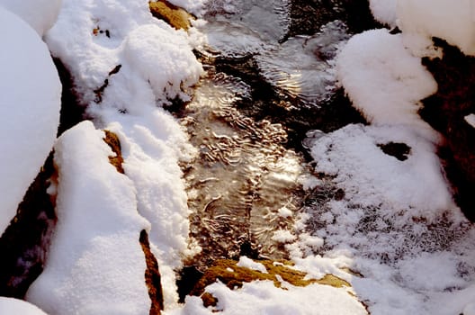 Snowy forest stream freeze ice and snow details closeup background beauty.