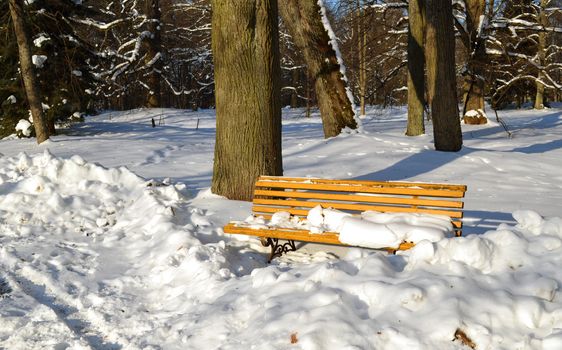 Yellow park bench covered with snow in winter. Tree trunks and large piles of snow.