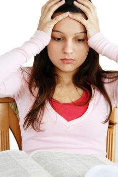 teenage girl portrait with arm holding head, learning