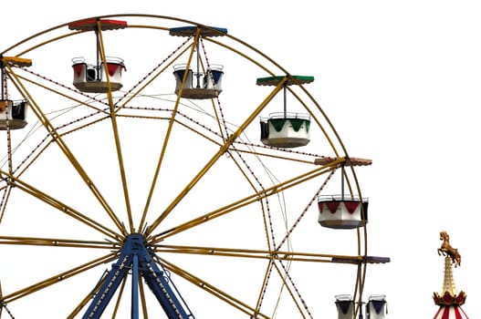 Colorful ferris wheel and carousel horse in amusement park.