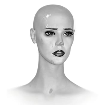 Weathered plastic mannequin doll head. Black and white.