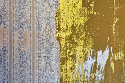 Vintage torn wallpaper with leafy floral motif imprint on chipped paint wall.
