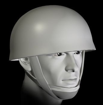 Soldier with helmet preparing for battle portrait on black background. 3d illustration.