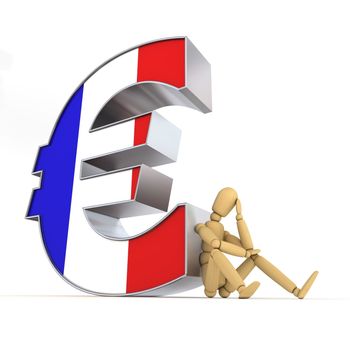 doll/lay figure sitting at/next to a metal Euro sign wondering - euro surface is textured with the french flag