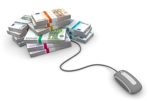 grey computer mouse is connected to a big pile of euro banknotes