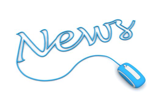 modern blue computer mouse is connected to the blue word NEWS - letters a formed by the mouse cable