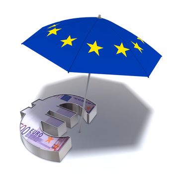 a sunshade covered with the european flag protects an Euro currency symbol from the sun