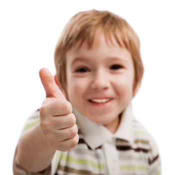 Human child hand gesturing thumb up success sign