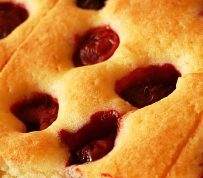 baked fruity cake with cherries and raspberries macro background