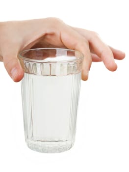 Female human hand holding liquid drink water glass