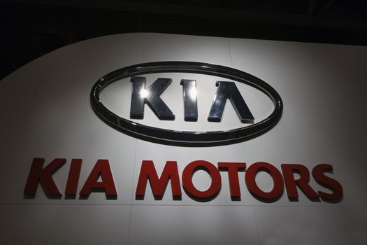 HOUSTON - JANUARY 2012: The KIA logo sign at the Houston International Auto Show on January 28, 2012 in Houston, Texas.