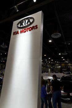 HOUSTON - JANUARY 2012: The KIA Motors display sign at the Houston International Auto Show on January 28, 2012 in Houston, Texas.