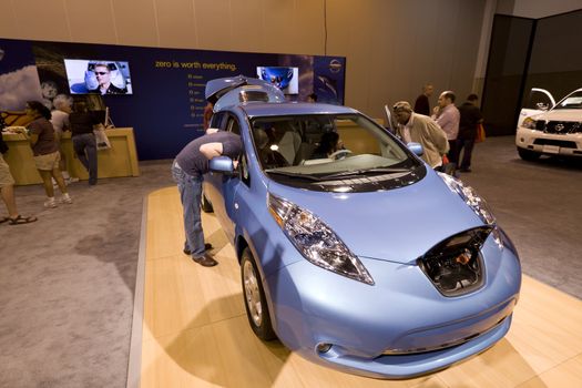 HOUSTON - JANUARY 2012: The Nissan Leaf Electric car at the Houston International Auto Show on January 28, 2012 in Houston, Texas.