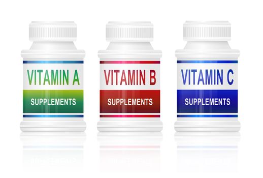 Illustration depicting three medication containers with vitamin labels. White background.