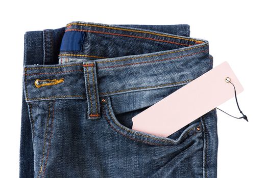 New Blue jeans trouser and tag isolated on the white background