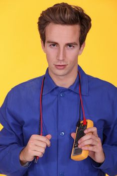 electrician holding a multimeter around his neck