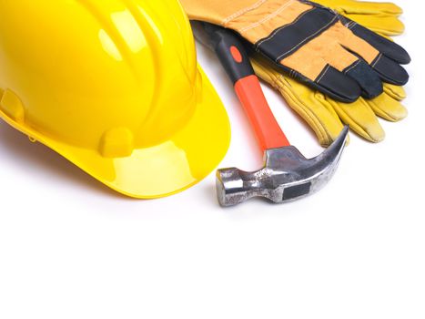 HardHat Hammer And Leather Gloves on white
