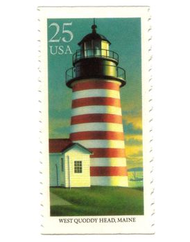 Old postage stamp from USA with Lighthouse - West Quoddy Head, Maine