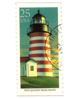 Old postage stamp from USA with Lighthouse - West Quoddy Head, Maine