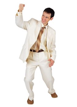 Gleeful businessman in a white suit