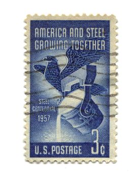 Old postage stamp from USA three cents - America and Steel Growing Together
