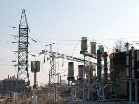 Electricity tower with power line cable and blue sky