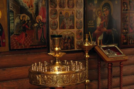 Pray god at crucifix in church religion scene