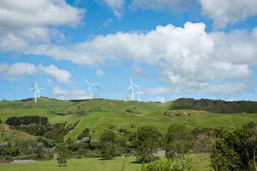 Wind turbines on distant hills.