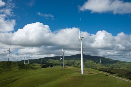 Wind turbines on rural New Zealand land.