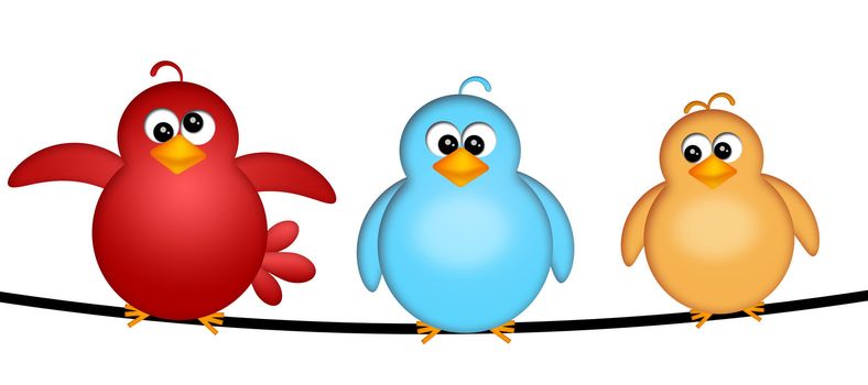 Three Birds on  a Wire Cartoon Clipart Illustration Isolated on White Background