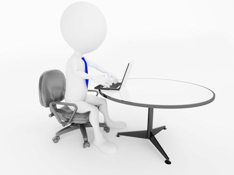 3d business man character sitting in office chair with laptop at desk