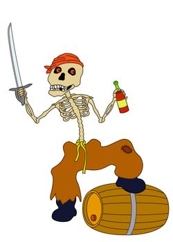 Evil zombie pirate jolly skeleton with a sword, a bottle of wine and a barrel
