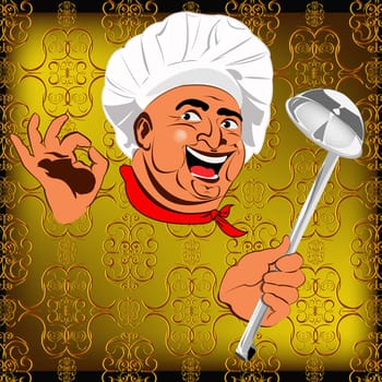 Eastern Chef and big spoon on a abstract decorative background