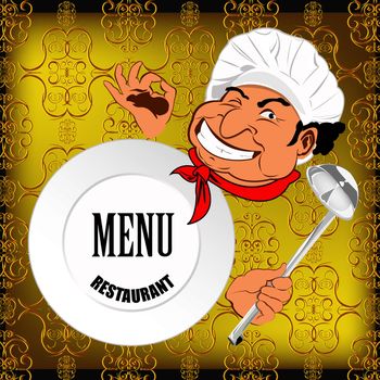 Eastern Chef with spoon and big plate on a abstract decorative background