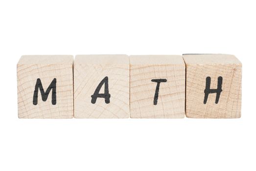 Math written with wooden blocks. White background.