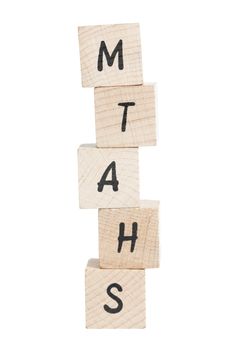 Maths tower written with wooden blocks. White background.