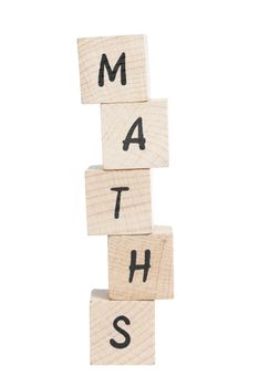Maths tower written with wooden blocks. White background.