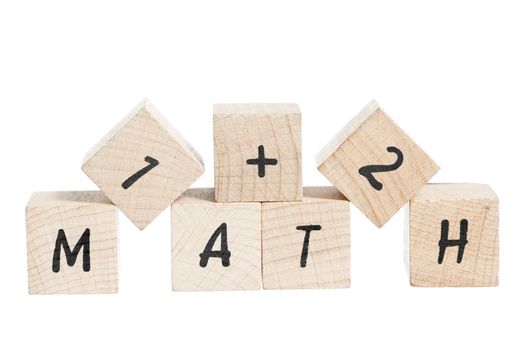 Word maths with a sum written using wooden blocks. White background.