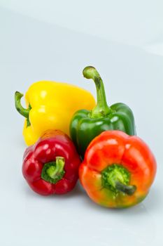 Four different colors capsicums on bluish background in portrait orientation