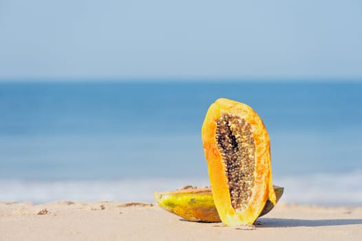 Tropical papaya on the sandy beach near sea