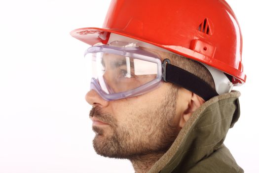 worker with red helmet over white 