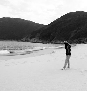 Asian sad girl on beach 