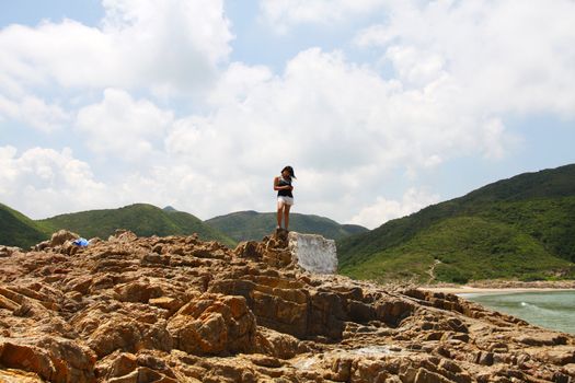 Hiking girl reaches the destination