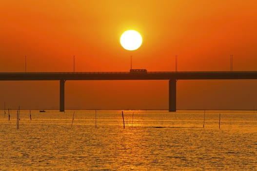 Sunset over a bridge in Hong Kong