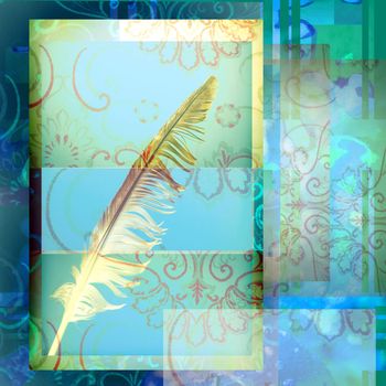 write ancient bird feather on blue background decorated